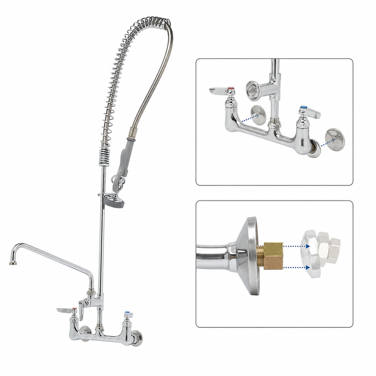 Product image #3 for T&S Brass EasyInstall Wall-Mount Pre-Rinse Unit with Add-On Faucet, 8-Inch Centers, 8-Inch Swing Nozzle, and 44-Inch Hose