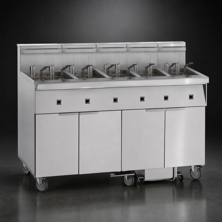 Product image #3 for Imperial 5-Tank Electric Floor Fryer with Tilt-Up Elements and Built-In Space Saver Filter System, 75 lb. Capacity Each