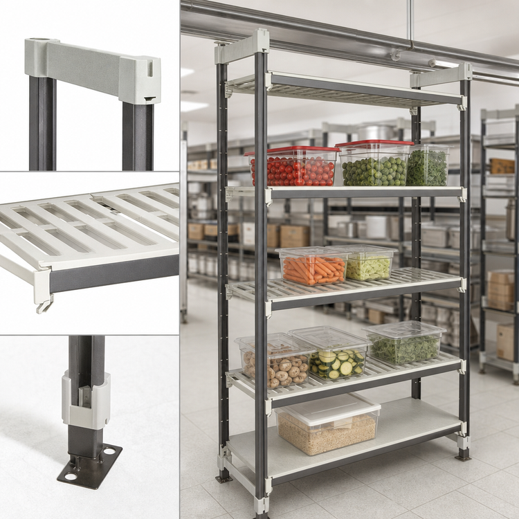 Product image #3 for Cambro Camshelving Elements XTRA High Density Top Rail Stationary Starter Unit, 24"D x 60"L x 81"H, 4-Tier, 3 Vented + 1 Solid Shelves, Speckled Gray