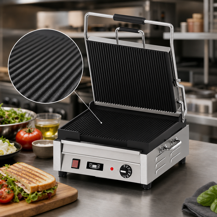 Product image #3 for Omcan Single Countertop Panini Grill with 12 x 15 Inch Grooved Cast Iron Plates, 120V