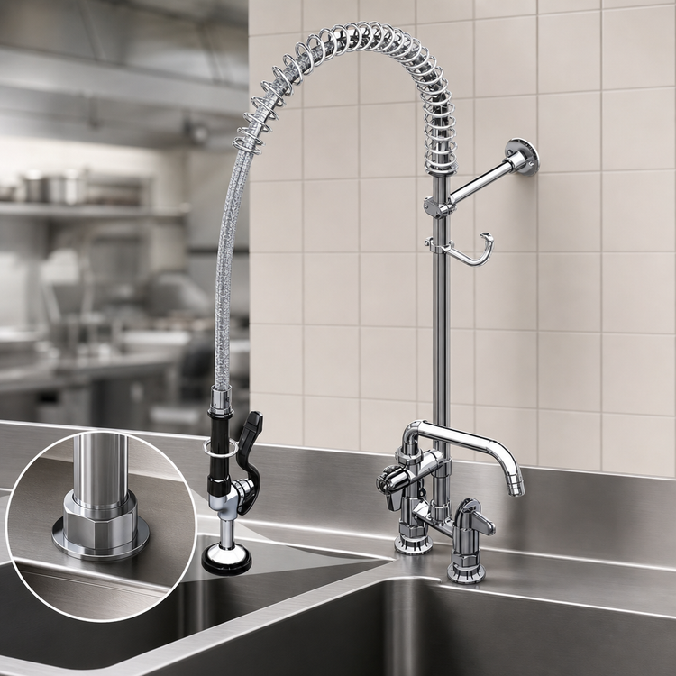 Product image #3 for equip 4-Inch Centers Deck-Mount Pre-Rinse Unit with Add-On Faucet, 8-Inch Swing Nozzle, 44-Inch Hose, and 1.15 GPM Spray Valve