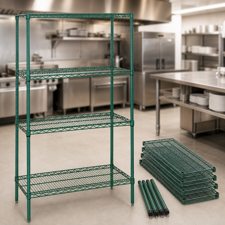 Product image #3 for Quantum 54"W x 14"D x 63"H Stationary Wire Shelving Starter Kit, Green Epoxy Finish