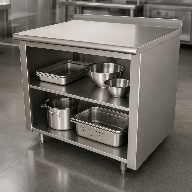Product image #3 for Advance Tabco 84-Inch x 24-Inch Open Front Cabinet Base Work Table with Mid-Shelf, 14 Gauge 304 Stainless Steel Top and 1-1/2-Inch Rear Up-Turn