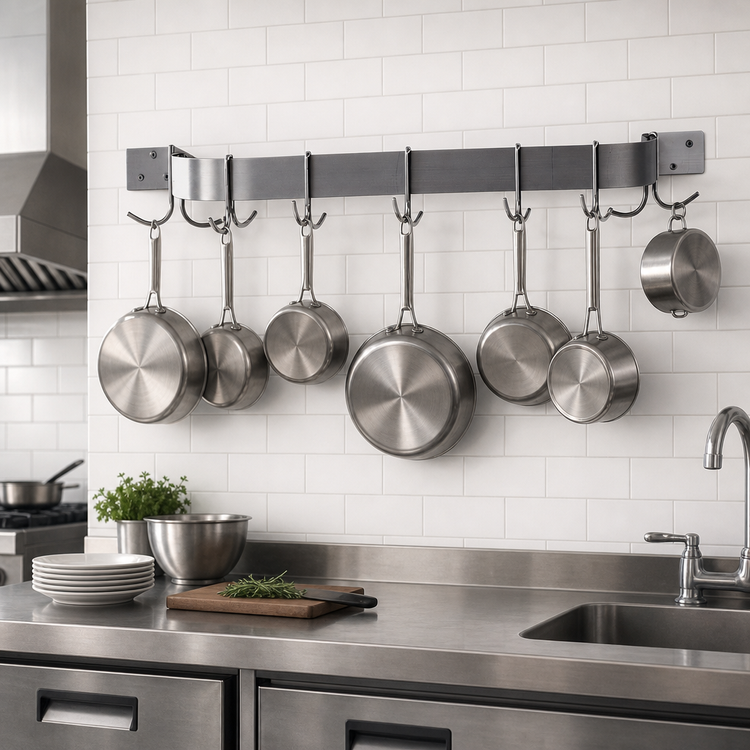 Product image #3 for Advance Tabco 120-Inch Wall-Mounted Single-Bar Commercial Pot Rack with 9 Double Hooks