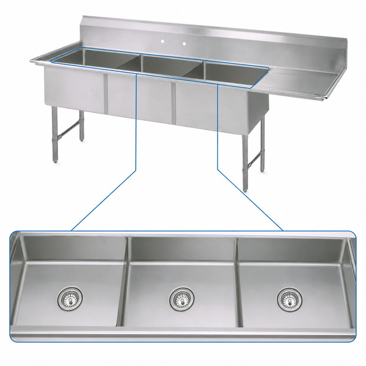 Product image #3 for BK Resources Three-Compartment Stainless Steel Sink with Right Drainboard, 18 x 18 x 14 Bowls