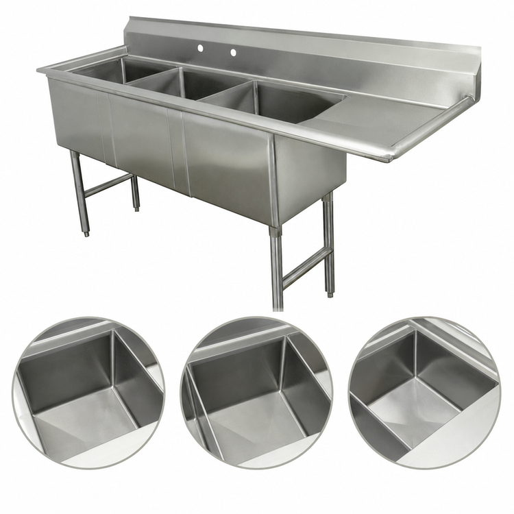 Product image #3 for Advance Tabco 3-Compartment Fabricated Sink with Right Drainboard, 18 x 18 x 14-Inch Deep Bowls