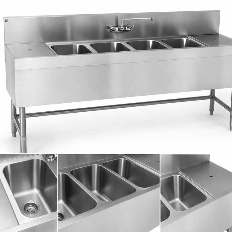 Product image #3 for Spec-Bar Four-Compartment Underbar Sink Unit with Left Drainboard, 66 Inch Wide x 19 Inch Deep