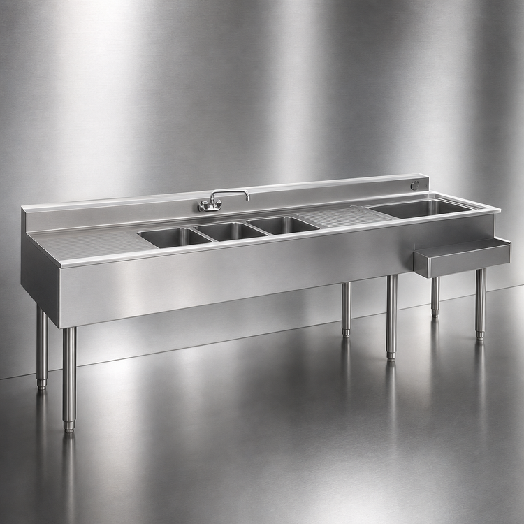 Product image #3 for Eagle Group 2200 Series 9-Foot Underbar Combination Unit with 3 Sink Bowls, 2 Drainboards and Right-Side Ice Bin