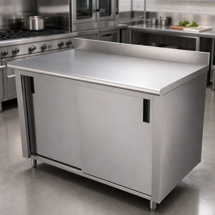 Product image #3 for Advance Tabco 84 Inch x 30 Inch Enclosed Work Table with Cabinet Base, Mid-Shelf, Sliding Doors, and 14-Gauge 304 Stainless Steel Top