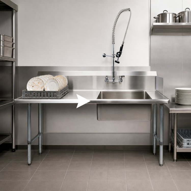 Product image #3 for BK Resources 26-Inch Straight Left-to-Right Soiled Dish Table with Pre-Rinse Sink and Faucet, Galvanized Legs