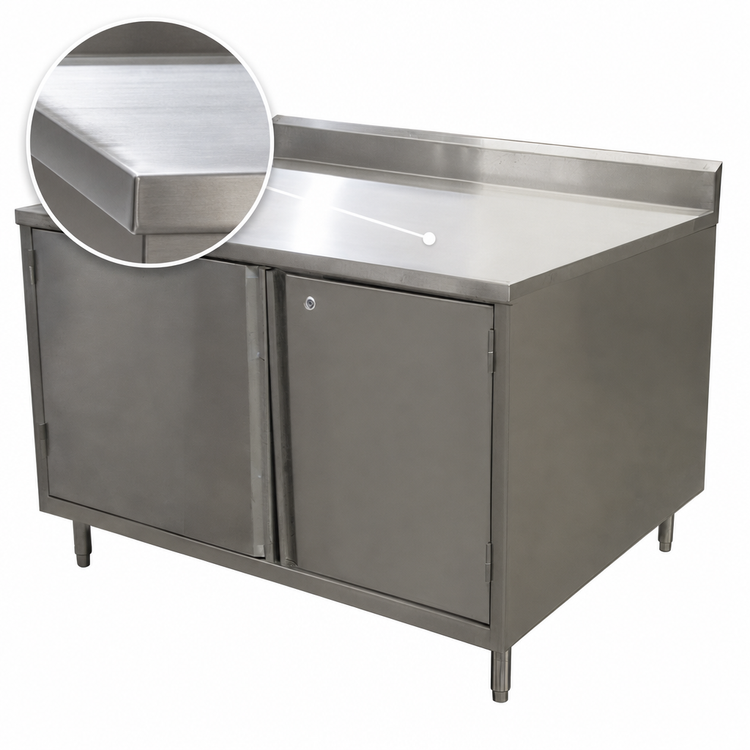 Product image #3 for BK Resources 60-Inch x 36-Inch Stainless Steel Cabinet Base Work Table with Hinged Doors, Lock, and 5-Inch Backsplash