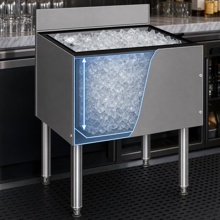 Product image #3 for Choice Extra Deep 30-Inch Wide Stainless Steel Underbar Ice Bin with Open Channel Backsplash