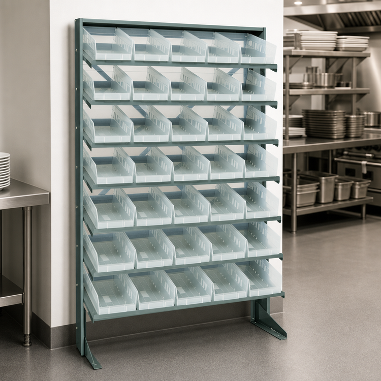 Product image #3 for Quantum Sloped Single-Sided Steel Pick Rack with 8 Shelves and 40 Clear Bins, 400 lb Capacity, 12D x 36W x 60H