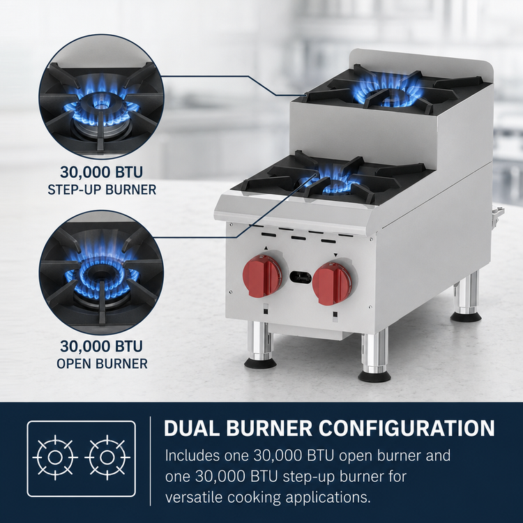 Product image #3 for Omcan USA 12-Inch Countertop Natural Gas Commercial Hot Plate with One Open Burner and One Step-Up Burner