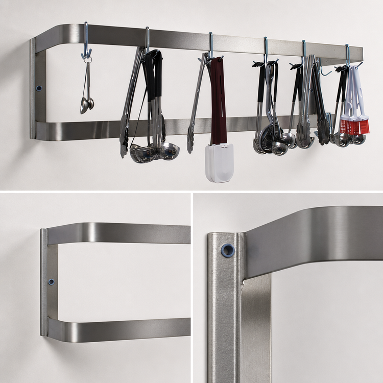Product image #3 for Advance Tabco 36-Inch Wall-Mounted Double-Bar Stainless Steel Pot Rack with 12 Plated Double Hooks