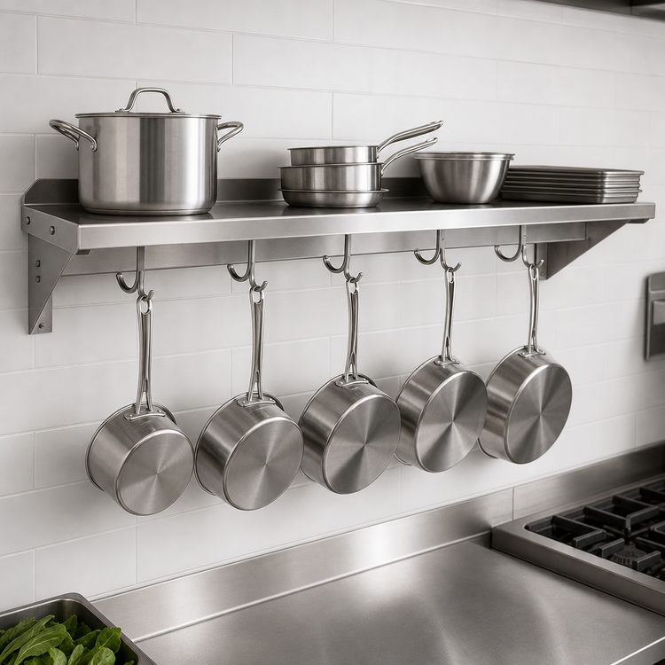 Product image #3 for John Boos Stallion Wall-Mount Stainless Steel Pot Rack Shelf with 6 Hooks, 72 x 18 Inches