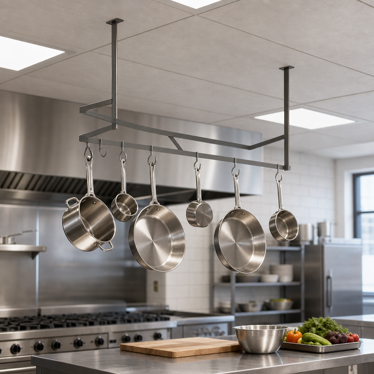 Product image #3 for John Boos Ceiling-Mounted Double-Bar Stainless Steel Pot Rack with 6 Double Hooks, 31-1/4 x 13-5/8 x 48 Inches