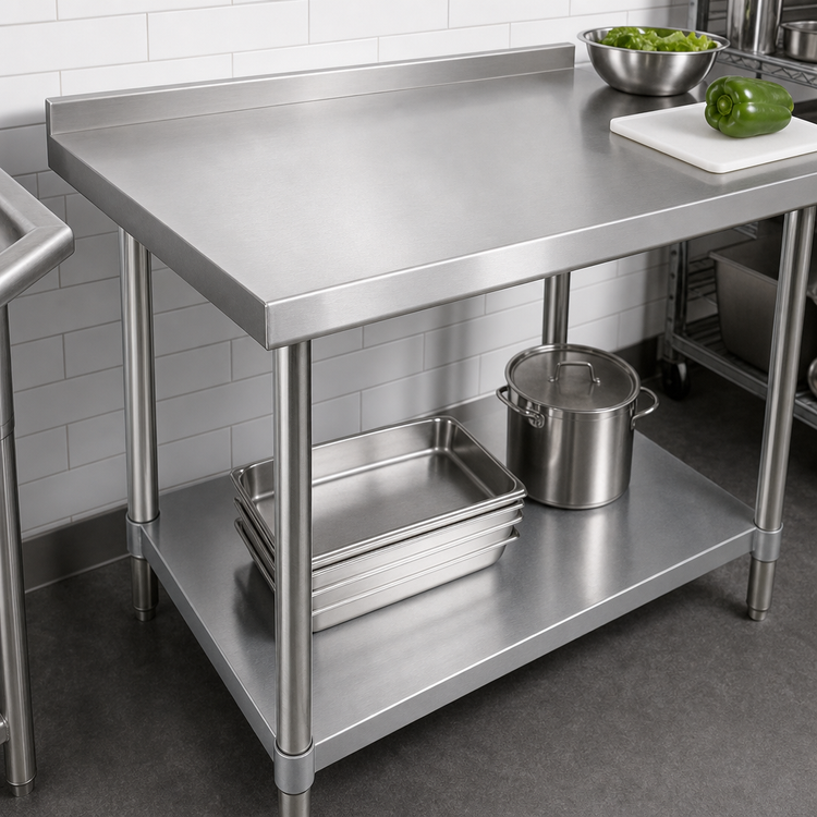 Product image #3 for BK Resources 30" x 18" 430 Stainless Steel Work Table with 1-1/2" Rear Riser and Galvanized Undershelf