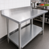 Thumbnail image #3 for Omcan Elite Series 30 x 30 Inch Corner Stainless Steel Work Table with 4-Inch Backsplash and Galvanized Undershelf