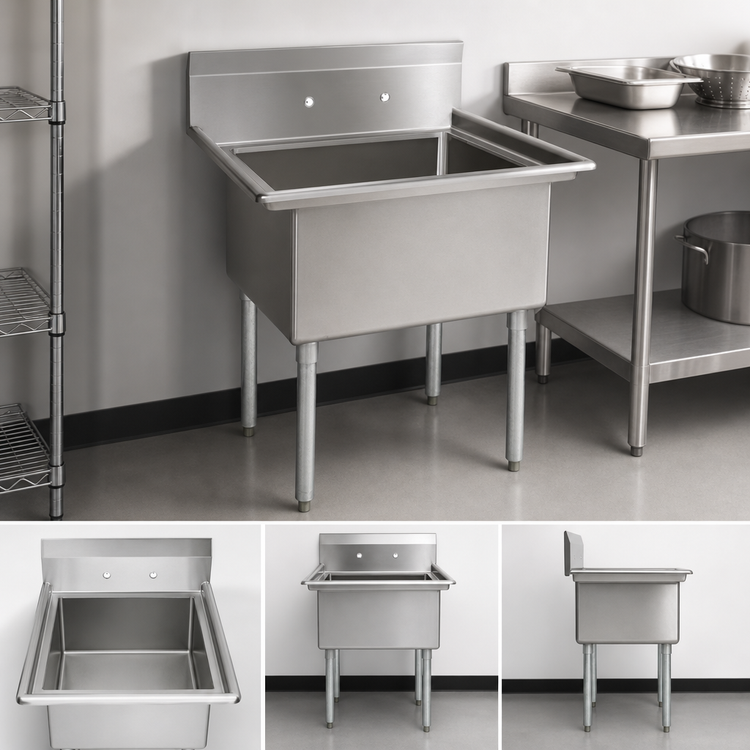 Product image #3 for BK Resources 16-Inch x 20-Inch x 12-Inch One-Compartment No-Drainboard Stainless Steel Sink with 9-Inch Backsplash and Galvanized Legs