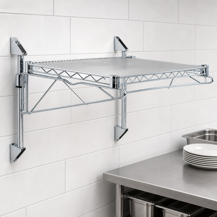 Product image #3 for Quantum Wall-Mount Cantilever Wire Shelf Unit with 72 x 24 Inch Shelf, Chrome Plated
