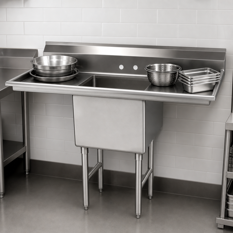 Product image #3 for Advance Tabco 1-Compartment Fabricated Stainless Steel Sink with Left and Right Drainboards, 18" x 24" x 14" Deep Bowl