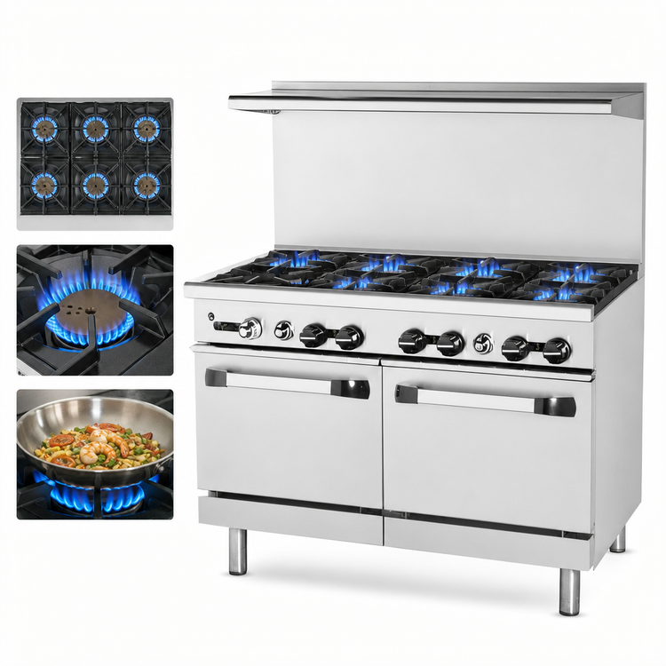Product image #3 for Turbo Air Bake Tech Innovation Radiance 48-Inch Commercial Gas Range with 6 Open Burners, 12-Inch Griddle and 2 Standard Ovens
