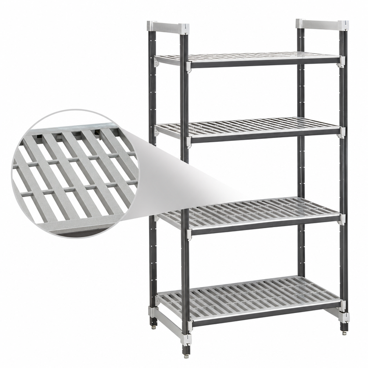 Product image #3 for Cambro Camshelving Elements XTRA 4-Tier Stationary Starter Polymer Shelving Unit, 18" D x 54" W x 64" H, Vented, Speckled Gray
