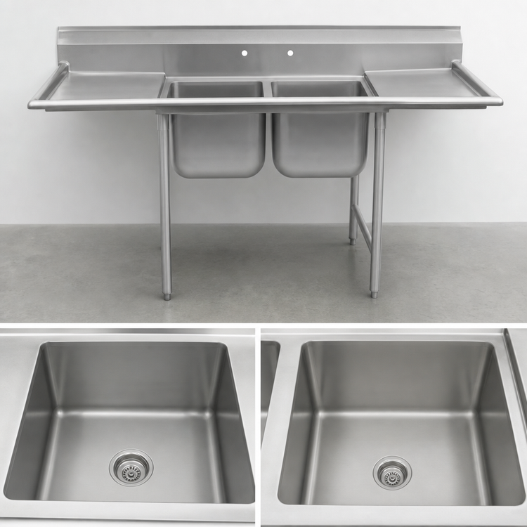 Product image #3 for Eagle Group 314 Series Two-Compartment Stainless Steel Sink with Left Drainboard and Backsplash, 56-5/8 x 27-1/2 Inches