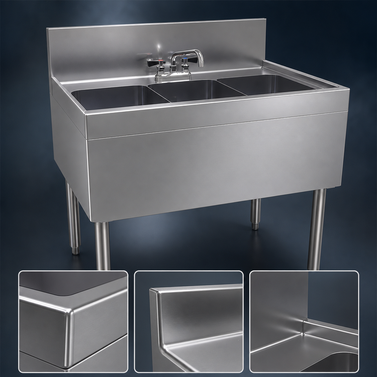 Product image #3 for Glastender Three-Compartment Underbar Sink Unit with Deck-Mount Faucet, 36"W x 24"D, Stainless Steel
