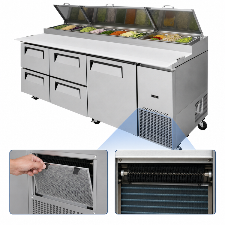 Product image #3 for Turbo Air Super Deluxe 93-Inch Three-Section Pizza Prep Table with 1 Door and 4 Drawers