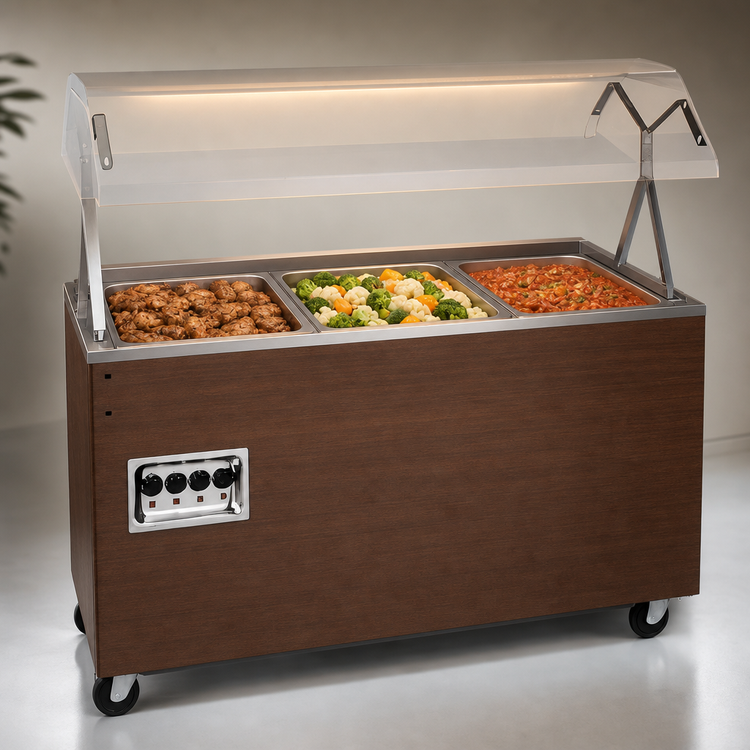 Product image #3 for Vollrath 2-Series Affordable Portable 3-Well Mobile Hot Food Station with Buffet Breath Guard and Lights, Enclosed Base with Storage Opening, Walnut Woodgrain