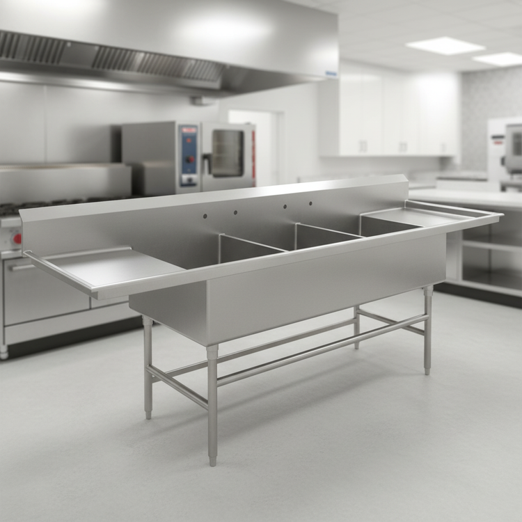 Product image #2 for Spec-Master FFN2760-3-24-14/3 Three-Compartment Flush Front Stainless Steel Sink with Left & Right Drainboards