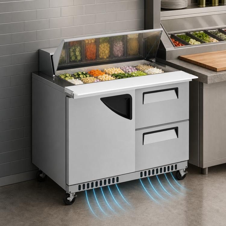 Product image #4 for Turbo Air Super Deluxe 48-1/4-Inch Two-Section Mega Top Sandwich/Salad Prep Table with 1 Door and 2 Drawers