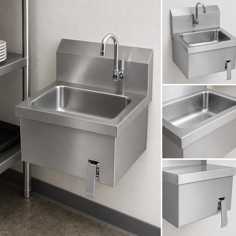 Product image #3 for John Boos Pro-Bowl Wall-Mounted Stainless Steel Hand Sink with Apron, 14 x 10 x 5-Inch Bowl, Knee Valve Faucet and Gooseneck Spout