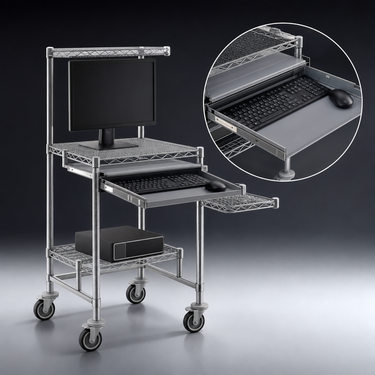 Product image #3 for Eagle Group Chrome Wire Mobile Computer Workstation with Keyboard Drawer, 24 x 24-Inch Top, and Polyurethane Tread Casters