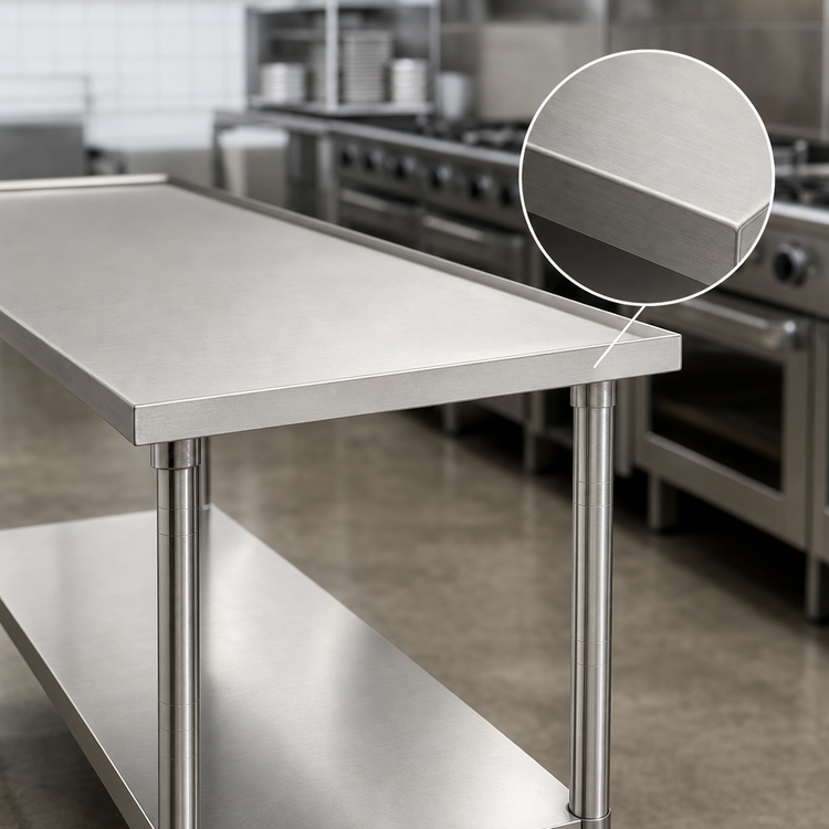 Product image #3 for Advance Tabco 30 x 24 Inch 14-Gauge 304 Stainless Steel Corner Work Table with Adjustable Undershelf and Non-Drip Edge