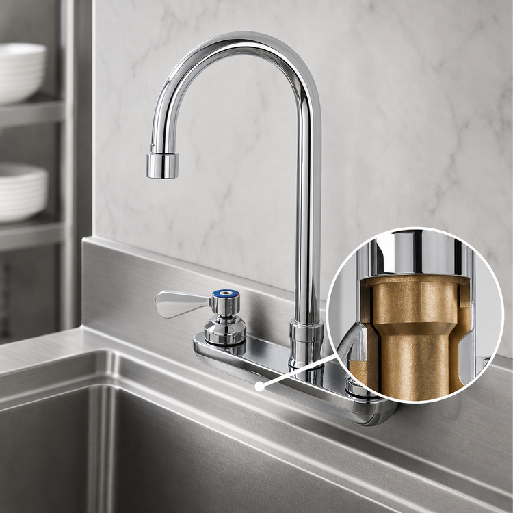 Product image #3 for John Boos Low-Lead Commercial Splash Mount Faucet with 5-Inch Gooseneck Spout and 4-Inch Centers