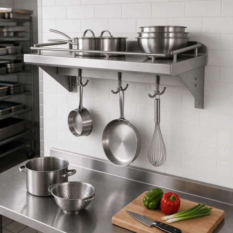 Product image #3 for John Boos Cucina Mensola Grande Wall-Mount Stainless Steel Pot Rack Shelf with Galley Rails and 3 Double Hooks, 24 x 12 Inches