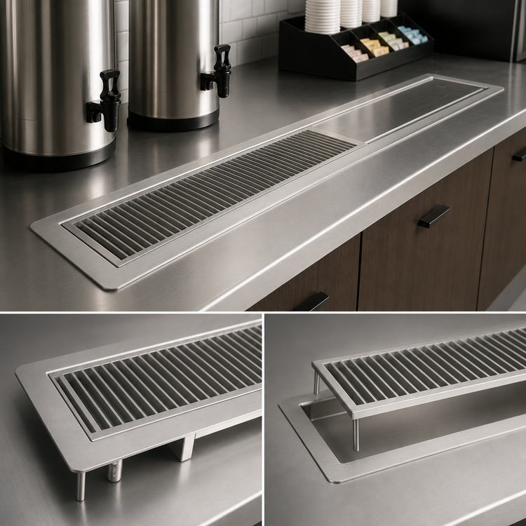 Product image #3 for BK Resources BK-URTR-60 60-Inch Flush-Mount T-304 Stainless Steel Urn Trough with Removable Drip Plate