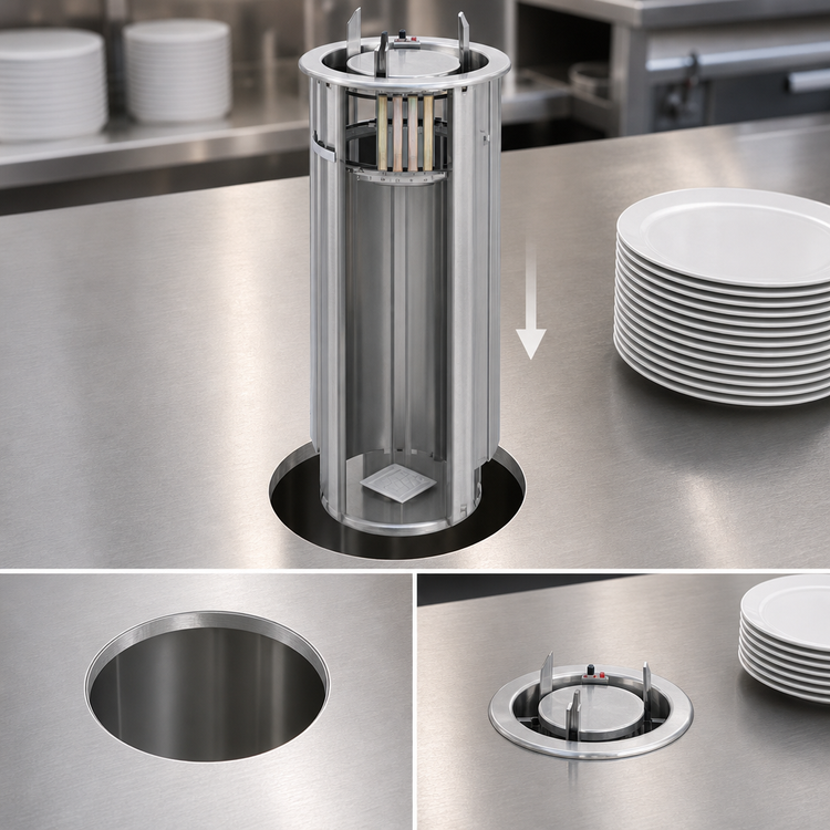 Product image #3 for Director's Choice Drop-In Unheated Open Dish Dispenser for Round Plates, Up to 5-Inch Diameter