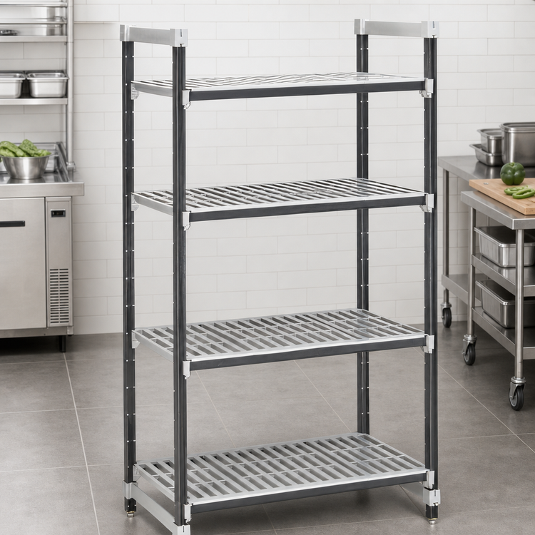 Product image #3 for Cambro Camshelving Elements XTRA 4-Tier Stationary Starter Polymer Shelving Unit, 18 x 36 x 84 Inches, Vented, Speckled Gray