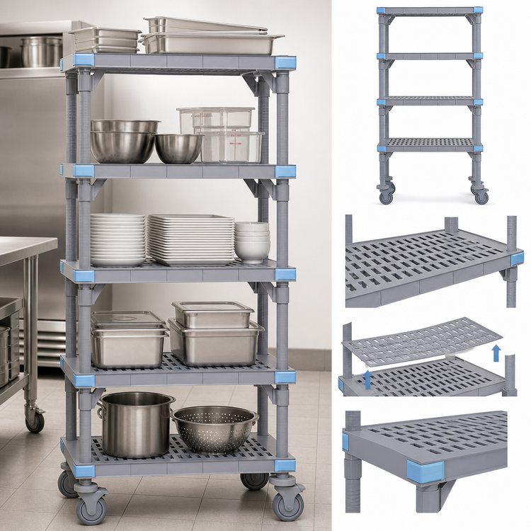 Product image #3 for Quantum Millenia 5-Shelf Mobile Polymer Shelving Starter Unit, 54 x 18 x 62 Inches, Gray
