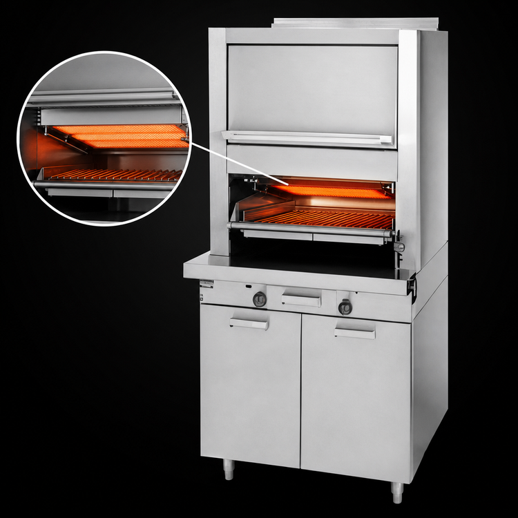 Product image #3 for Garland Master Series Heavy-Duty Range-Match Ceramic Radiant Upright Gas Broiler with Upper Finishing Oven and Storage Base