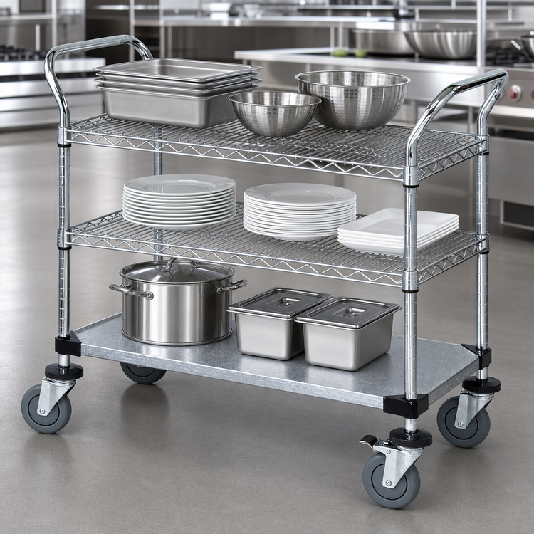 Product image #3 for Quantum 3-Shelf Chrome-Plated Utility Bus Cart with U-Handles and Open Base