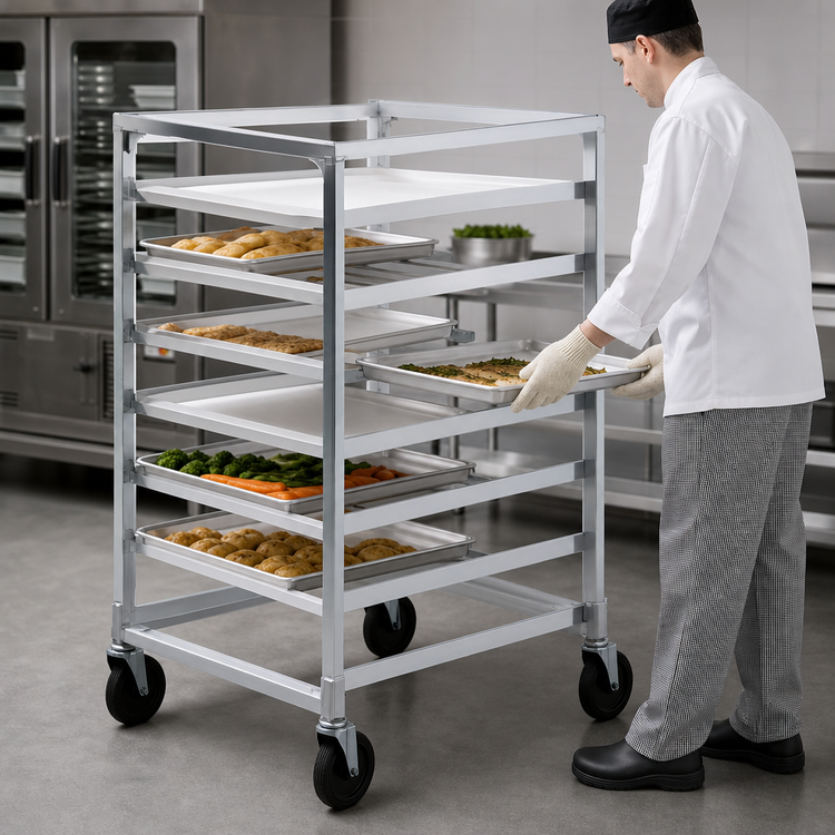 Product image #3 for New Age Mobile Half-Height Double-Deep Side-Loading Aluminum Tray Rack for 12 15" x 20" Trays