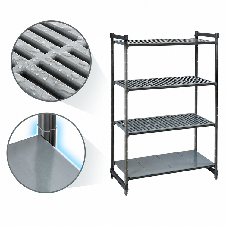 Product image #3 for Cambro Camshelving Basics Plus 4-Tier Stationary Polymer Shelving Starter Unit, 18 x 60 x 84 Inches, 3 Vented Shelf Plates and 1 Solid Shelf Plate, Brushed Graphite