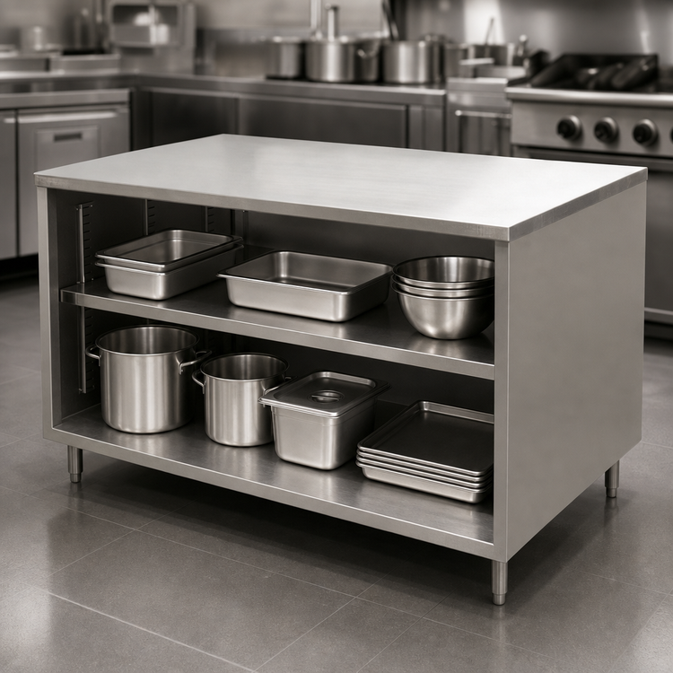 Product image #3 for BK Resources CST-2418 Open Front Chef Table Cabinet Base with 14 Gauge 304 Stainless Steel Top, 18 x 24 x 34-3/4 Inches