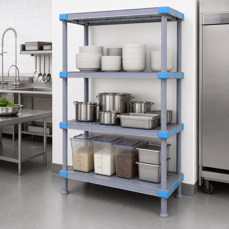 Product image #3 for Quantum Millenia 72-Inch Wide x 18-Inch Deep x 62-Inch High 4-Shelf Polymer Shelving Unit with Dunnage Stand