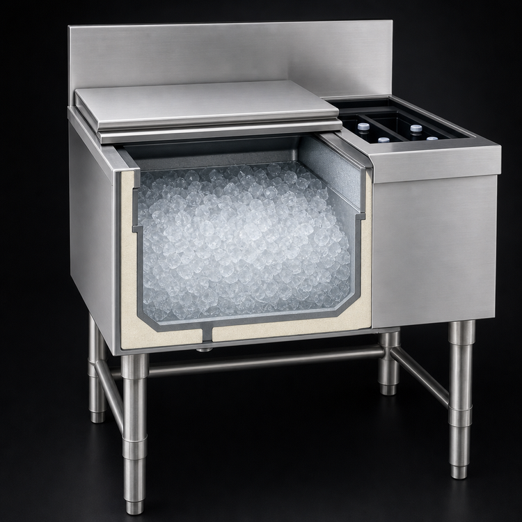 Product image #3 for Spec-Bar Underbar Combo Ice Bin/Bottle Unit with Right Bottle Compartment, 24"W x 19"D, 40 lb. Capacity